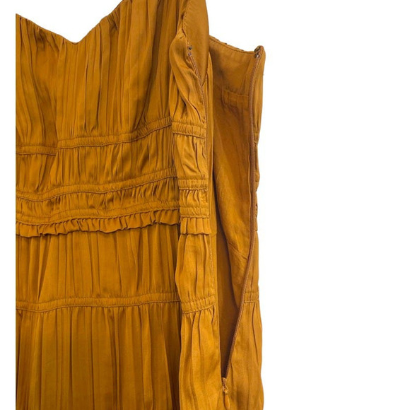 Anthropologie Women’s Sz 12 Ruched Tiered Midi Pleated Satin Slip Dress Gold NEW - Picture 7 of 12